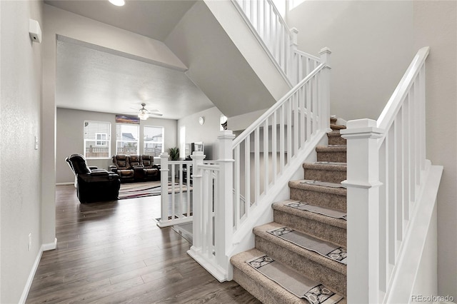 6484 N Ceylon Ct, Denver, CO 80249 - staircase with wood finished floors, baseboards, and a ceiling fan