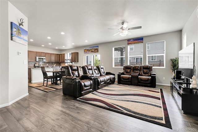 6484 N Ceylon Ct, Denver, CO 80249 - living area with ceiling fan, wood-type flooring, recessed lighting, and baseboards