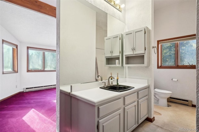 bathroom with lofted ceiling with beams, plenty of natural light, and a baseboard radiator