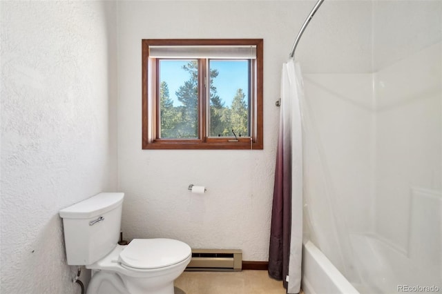 bathroom with shower / tub combo, toilet, and a baseboard heating unit