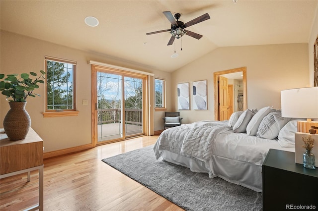 13909 Stone Chimney Ln, Pine, CO 80470 - bedroom featuring access to outside, lofted ceiling, light wood-style flooring, and a ceiling fan