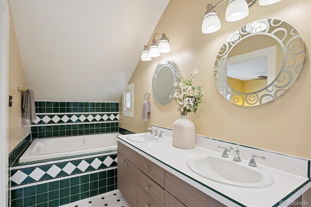 2201 Cherry St, Denver, CO 80207 - full bath with double vanity, a garden tub, lofted ceiling, and tile patterned flooring