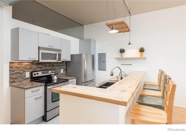 3100 Huron St Unit 3P, Denver, CO 80202 - kitchen featuring appliances with stainless steel finishes, butcher block counters, backsplash, a kitchen breakfast bar, and electric panel