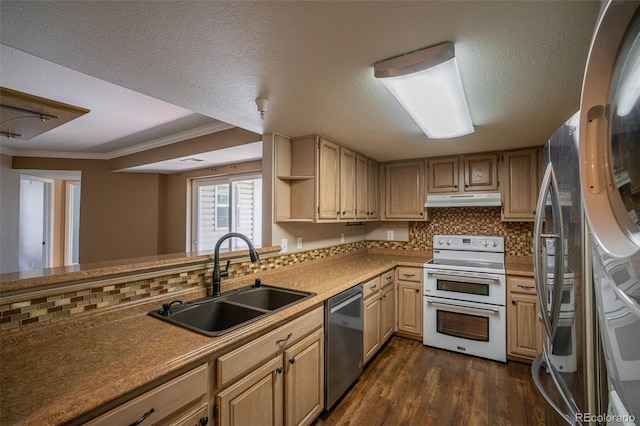 12208 W Dorado Pl Unit 207, Littleton, CO 80127 - kitchen featuring appliances with stainless steel finishes, under cabinet range hood, crown molding, dark wood-style floors, and tasteful backsplash