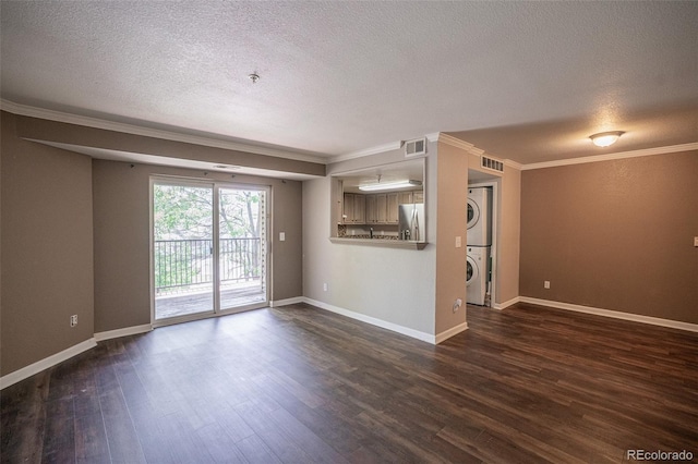 12208 W Dorado Pl Unit 207, Littleton, CO 80127 - unfurnished living room with stacked washer / drying machine, a textured ceiling, dark wood-style floors, and ornamental molding