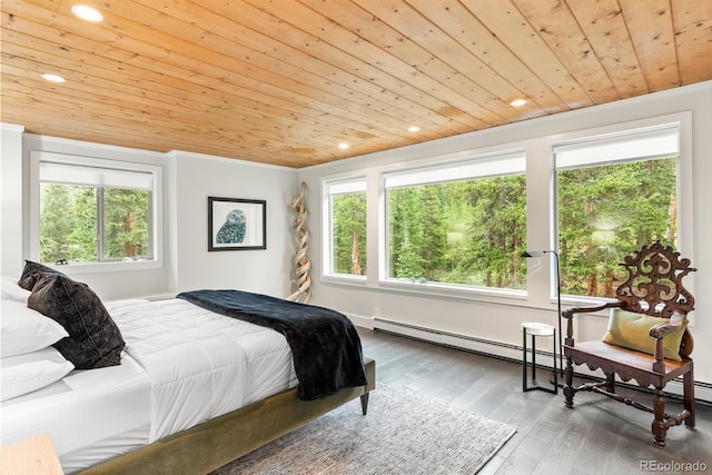 592 Brook Dr, Idaho Springs, CO 80452 - bedroom featuring wooden ceiling, recessed lighting, wood-type flooring, and a baseboard heating unit