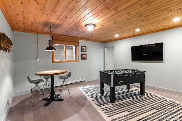 592 Brook Dr, Idaho Springs, CO 80452 - playroom featuring baseboard heating, recessed lighting, wood finished floors, and wooden ceiling