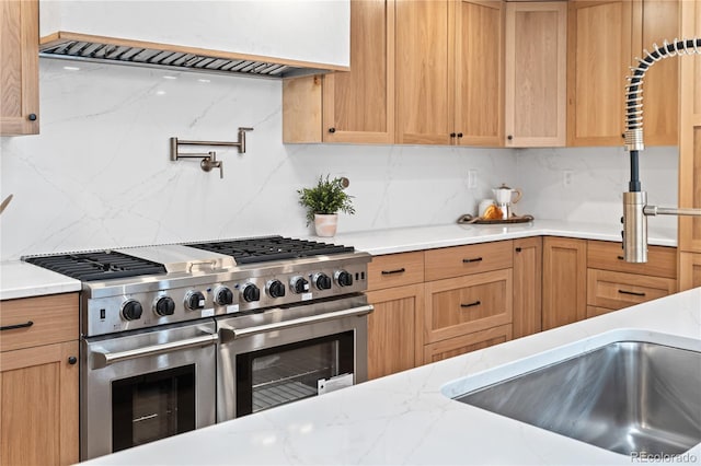 456 Cherry St, Denver, CO 80220 - kitchen with range with two ovens, backsplash, and premium range hood
