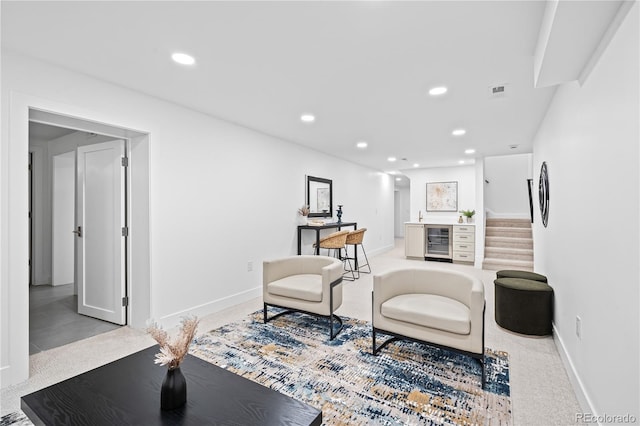 456 Cherry St, Denver, CO 80220 - living area with beverage cooler, recessed lighting, carpet flooring, baseboards, and stairs
