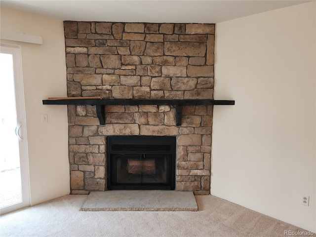 details with carpet floors and a fireplace