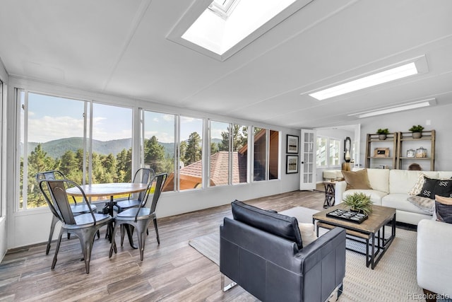 sunroom with a skylight and a mountain view