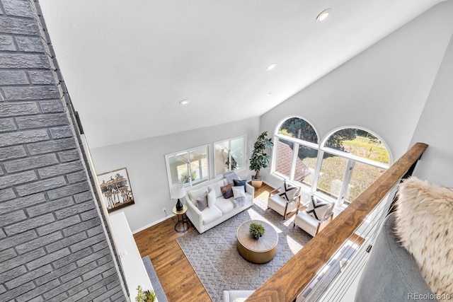 living room with vaulted ceiling, wood-type flooring, and plenty of natural light