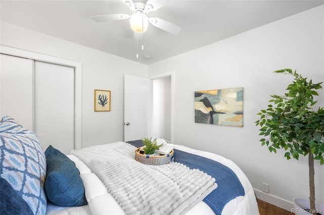 5167 S Pearl St, Littleton, CO 80121 - bedroom with wood finished floors, a ceiling fan, and a closet