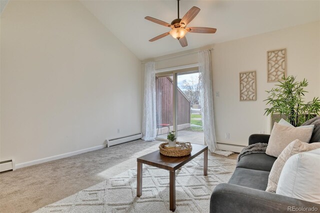 carpeted living room with ceiling fan, high vaulted ceiling, and a baseboard radiator