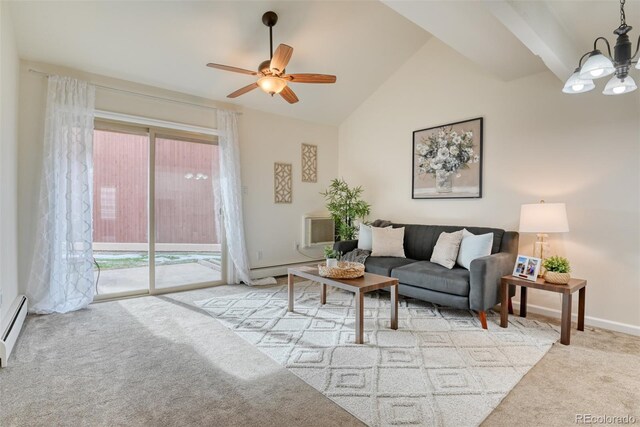 living room featuring ceiling fan with notable chandelier, light colored carpet, high vaulted ceiling, and a baseboard heating unit