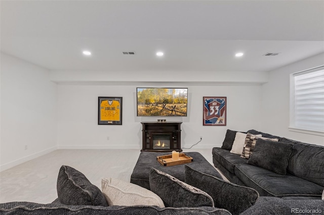 740 W County Road 10e, Berthoud, CO 80513 - living room featuring recessed lighting, visible vents, and light carpet