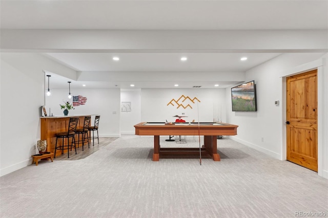 740 W County Road 10e, Berthoud, CO 80513 - recreation room with light colored carpet, recessed lighting, pool table, baseboards, and indoor bar