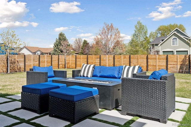 740 W County Road 10e, Berthoud, CO 80513 - view of patio / terrace with a fenced backyard and an outdoor living space with a fire pit