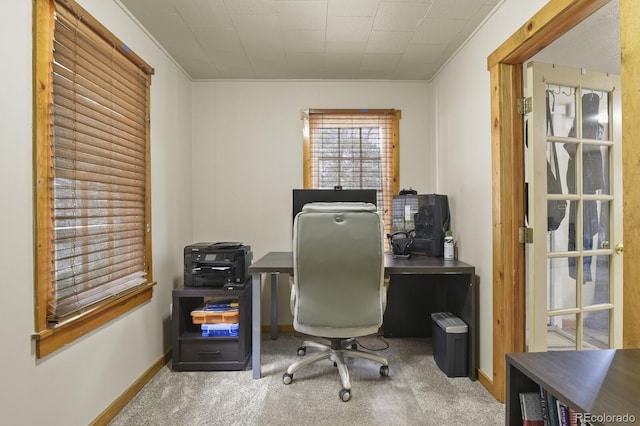 view of carpeted home office