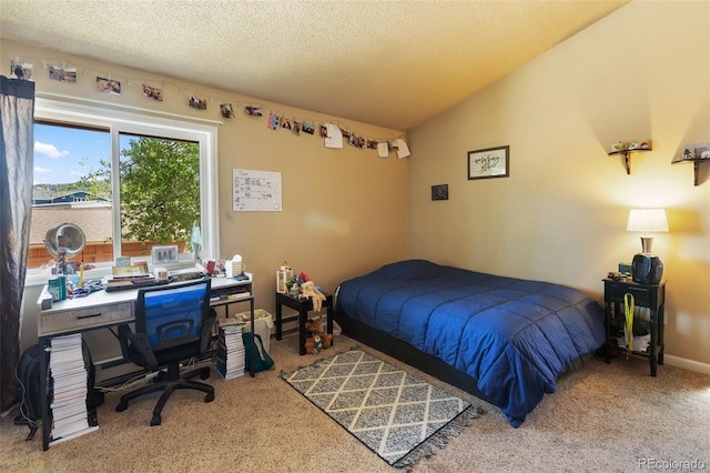 401 Forest Edge Rd Unit B2, Woodland Park, CO 80863 - bedroom featuring carpet, vaulted ceiling, a textured ceiling, and an office area