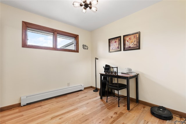 office featuring light hardwood / wood-style flooring, baseboard heating, and a chandelier