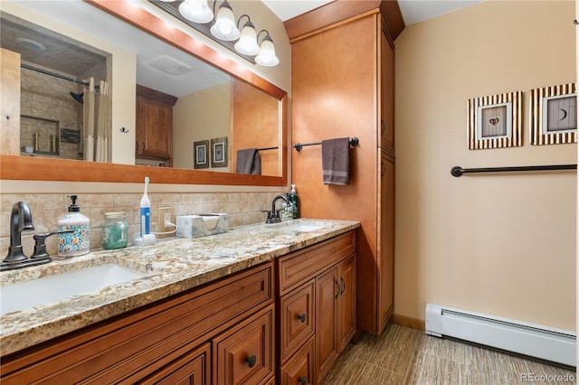 bathroom featuring vanity, tasteful backsplash, a baseboard radiator, and a shower with curtain