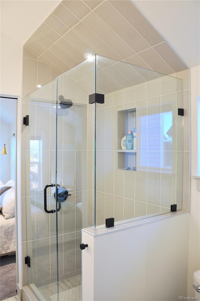 bathroom with toilet and a shower with door