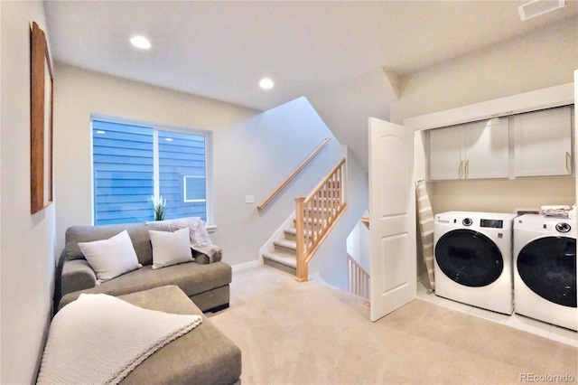1919 W 165th Way, Broomfield, CO 80023 - laundry room featuring separate washer and dryer, cabinet space, light colored carpet, and recessed lighting