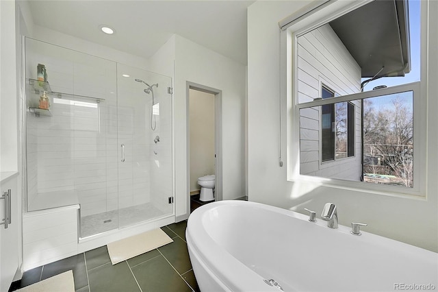 4035 Fenton Ct, Wheat Ridge, CO 80212 - full bath with a stall shower, tile patterned floors, toilet, and recessed lighting