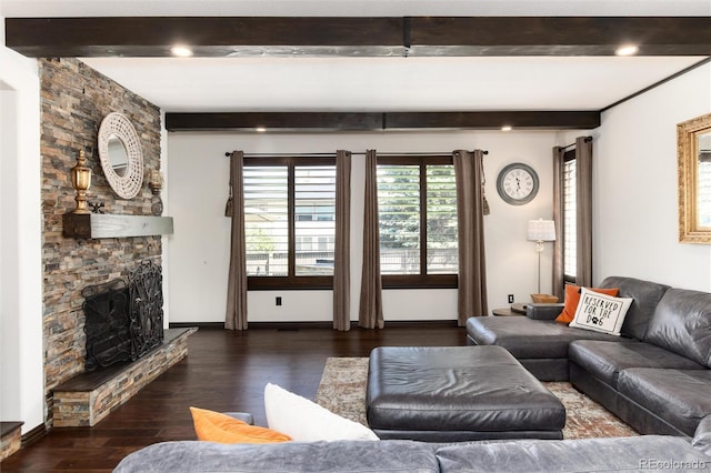 3791 Charterwood Cir, Highlands Ranch, CO 80126 - living area with beam ceiling, wood finished floors, and a stone fireplace