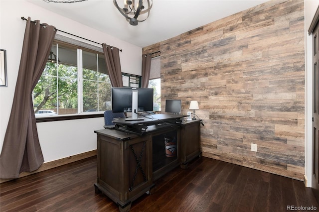 3791 Charterwood Cir, Highlands Ranch, CO 80126 - office area with wooden walls, healthy amount of natural light, dark wood-style flooring, and an accent wall