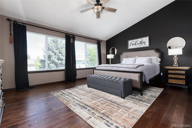 3791 Charterwood Cir, Highlands Ranch, CO 80126 - bedroom featuring lofted ceiling, dark wood-style floors, baseboards, and a ceiling fan