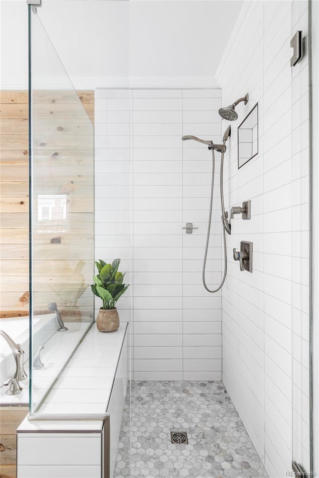 4828 W 32nd Ave, Denver, CO 80212 - bathroom featuring tiled shower and ornamental molding