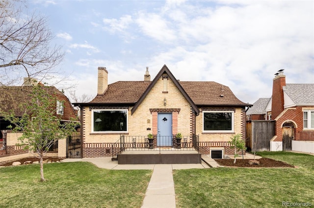 4828 W 32nd Ave, Denver, CO 80212 - tudor house with fence, brick siding, a front yard, a chimney, and a shingled roof