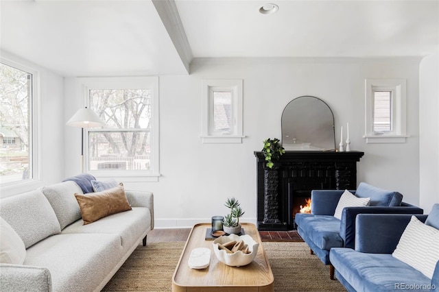 4828 W 32nd Ave, Denver, CO 80212 - living area featuring ornamental molding, a brick fireplace, a healthy amount of sunlight, and wood finished floors
