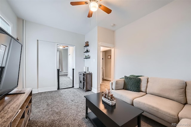 3127 W 28th Ave Unit 2, Denver, CO 80211 - carpeted living area with ceiling fan, baseboards, and a baseboard radiator