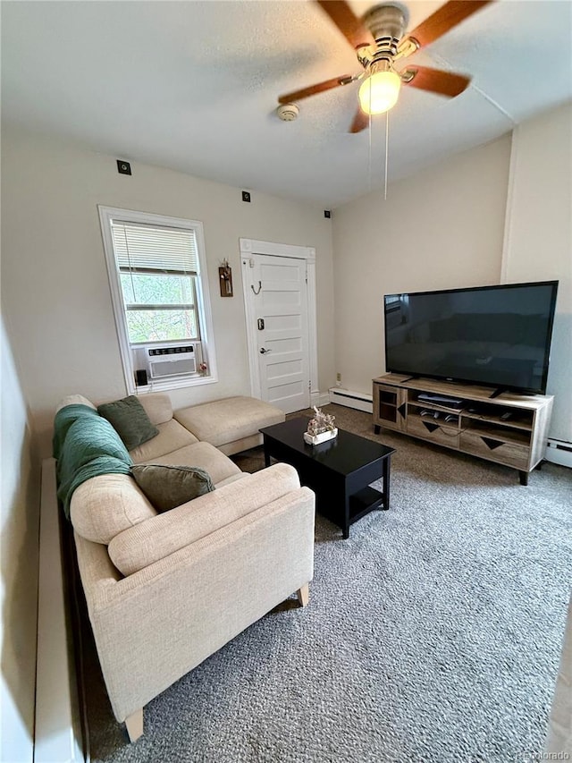 3127 W 28th Ave Unit 2, Denver, CO 80211 - living area featuring a baseboard radiator, ceiling fan, cooling unit, and carpet flooring