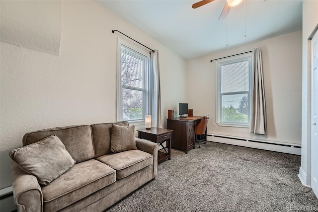 3127 W 28th Ave Unit 2, Denver, CO 80211 - living area with carpet floors, ceiling fan, and a baseboard heating unit