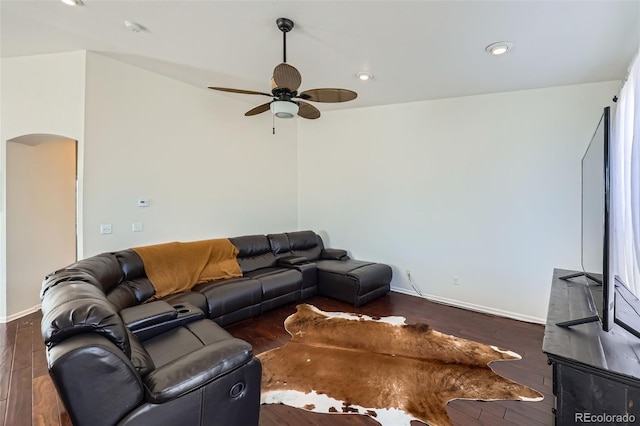 5534 Killarney St, Denver, CO 80249 - living area featuring wood finished floors, baseboards, ceiling fan, recessed lighting, and arched walkways