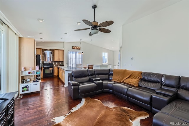 5534 Killarney St, Denver, CO 80249 - living area with recessed lighting, ceiling fan, dark wood finished floors, and lofted ceiling