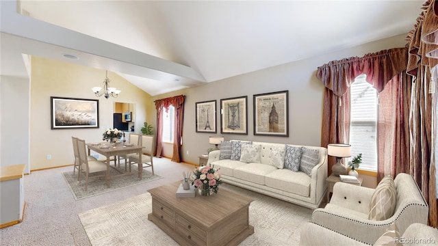 living room with lofted ceiling, light carpet, a chandelier, and baseboards