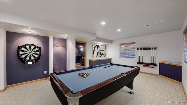 recreation room featuring baseboards, billiards, visible vents, and recessed lighting