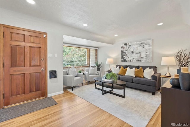 living room with light hardwood / wood-style flooring and a textured ceiling