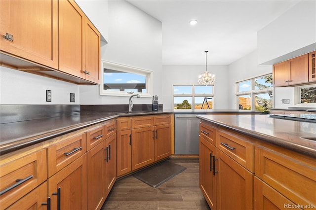 11039 Roxborough Dr, Littleton, CO 80125 - kitchen with stainless steel dishwasher, a sink, a chandelier, dark wood finished floors, and brown cabinetry