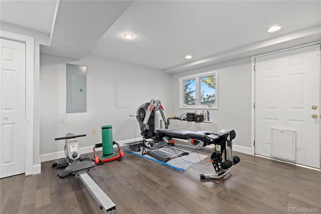 11039 Roxborough Dr, Littleton, CO 80125 - workout area with electric panel, recessed lighting, wood finished floors, and baseboards