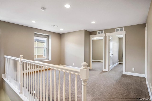 3450 Valentia St, Denver, CO 80238 - hallway featuring an upstairs landing, carpet, baseboards, and recessed lighting