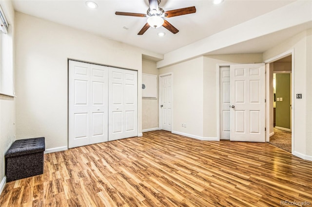 bedroom with recessed lighting, baseboards, and light wood-style floors