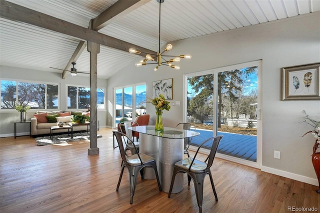 dining space with wooden ceiling, wood-type flooring, an inviting chandelier, and vaulted ceiling with beams