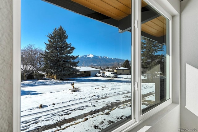 interior space with a mountain view