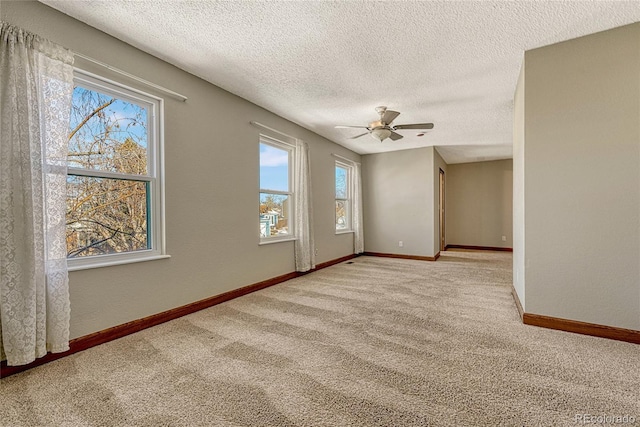 empty room featuring light carpet, a textured ceiling, plenty of natural light, and ceiling fan